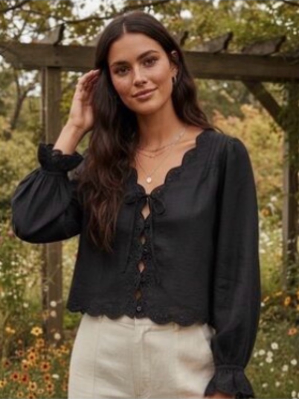 J Crew Scallop-trim Black tie-front top blouse in ramie